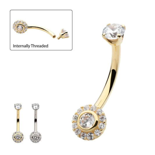 14k internally threaded double halo navel curve