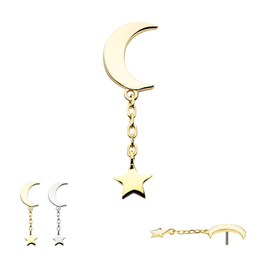 14k threadless moon and stars dangle