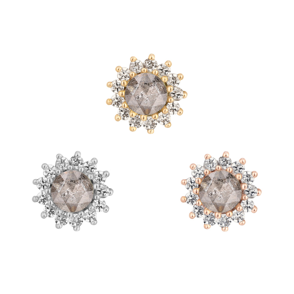 14k threadless Delphine with Grey diamond and white sapphire