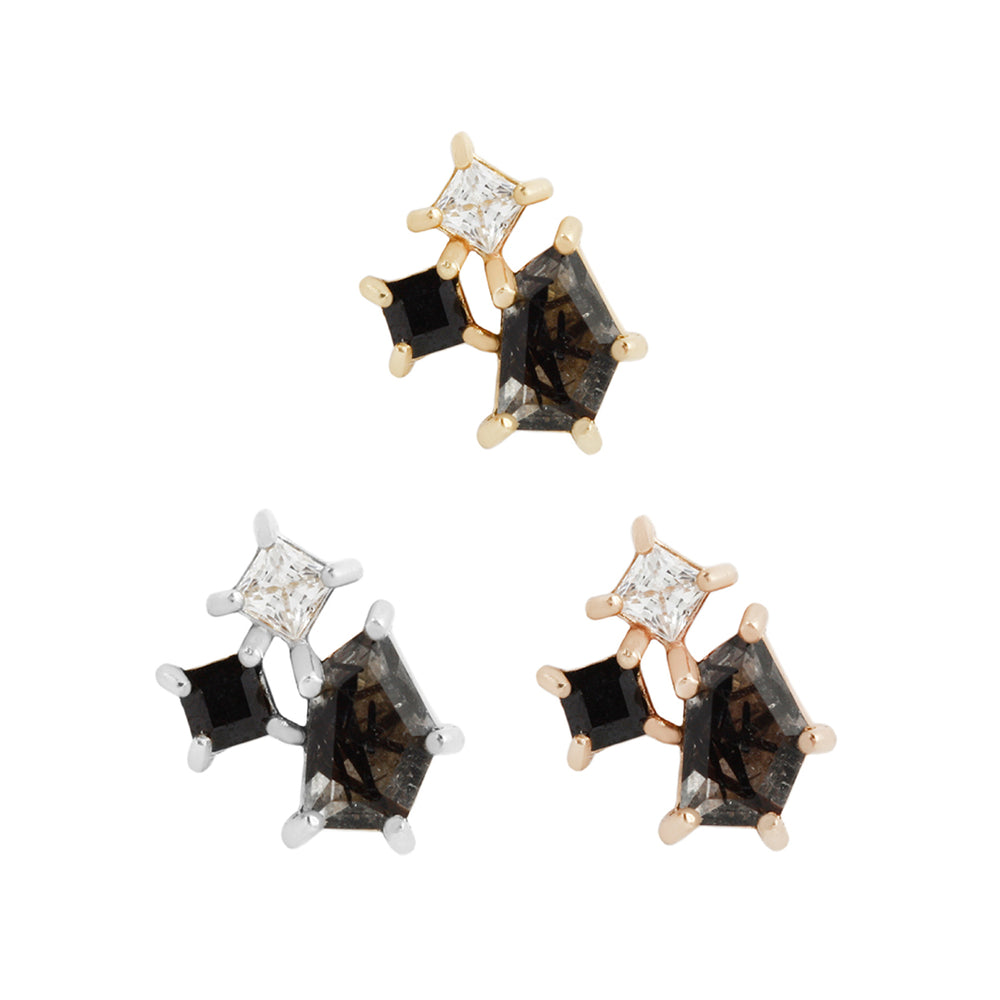 14k threadless Lyra with black spinel and tourmalated quartz